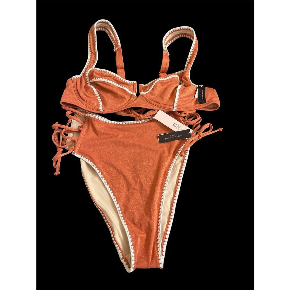 Victoria Secret Rust Orange High-Waist Lace-Up Bikini Set 38 B Top/Medium Bottom - Picture 7 of 7